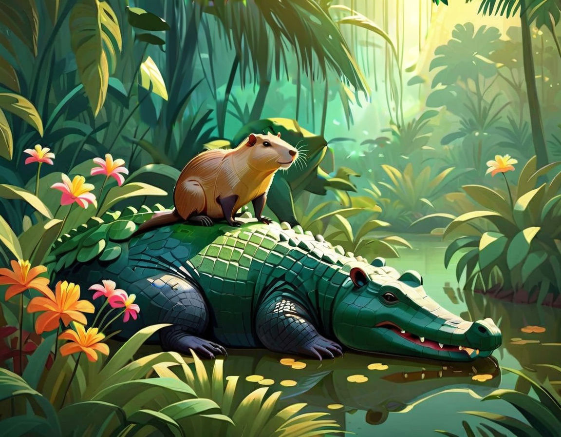 Small capybara sitting on a big aligator in lush jungle