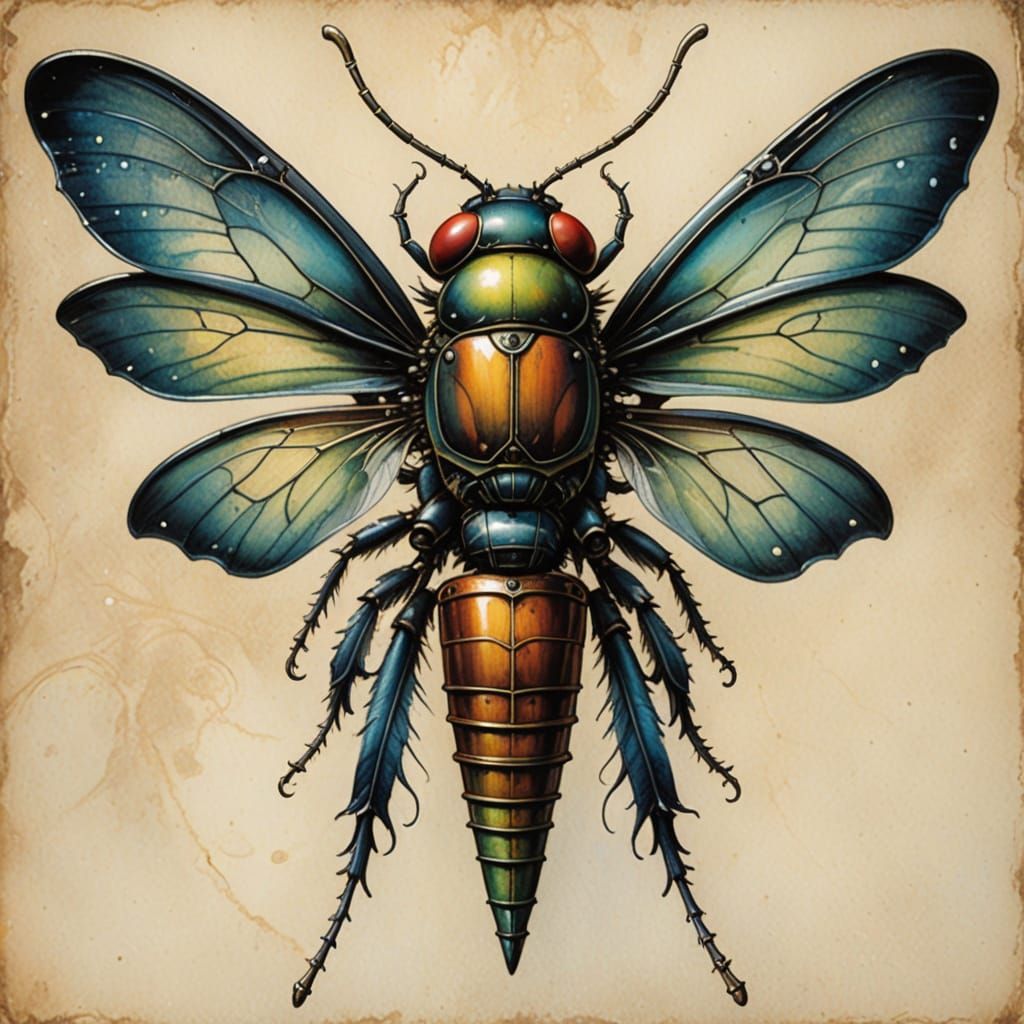 Mechanical Firefly with Iridescent Wings in Watercolor Style