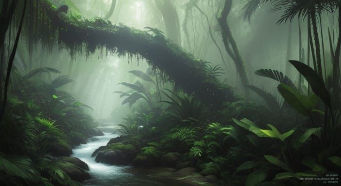 Lush Rainforest with River and Dappled Sunlight