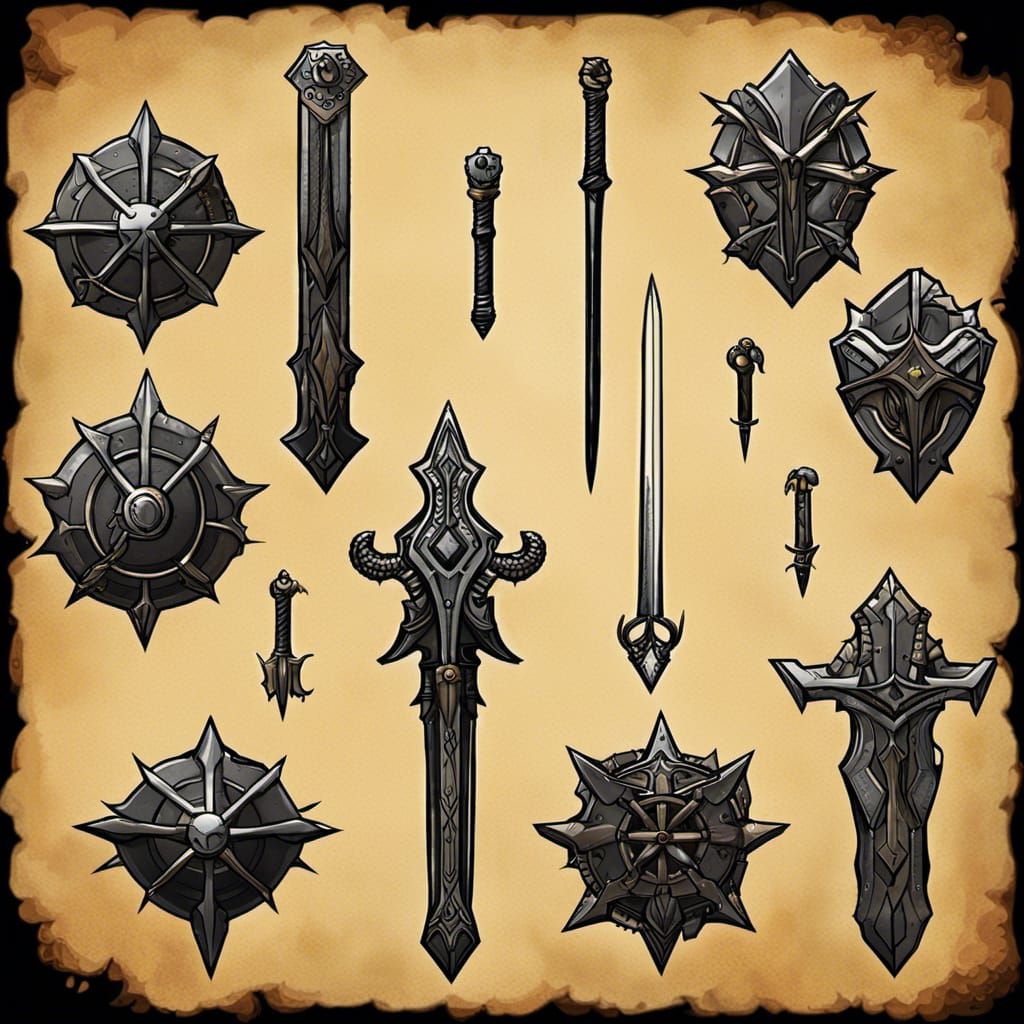 Fantasy Weapons with Unsettling Auras in Dark Fantasy Style