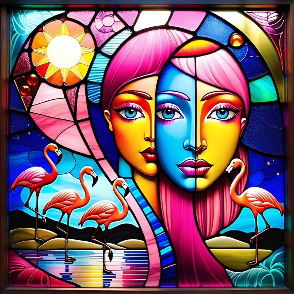 Flamingos in Stained Glass: A Surreal Mixed-Media Dream
