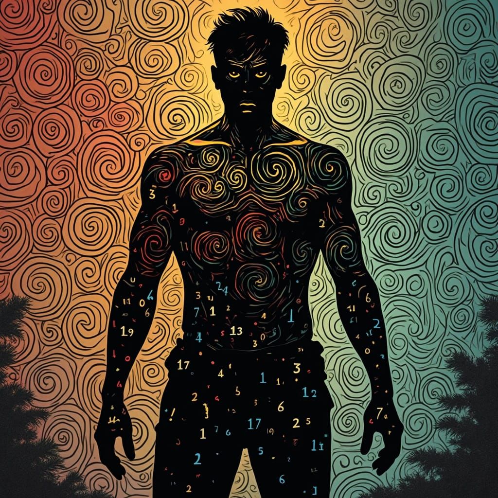 Man Silhouette with Colorful Spirals and Tense Lines