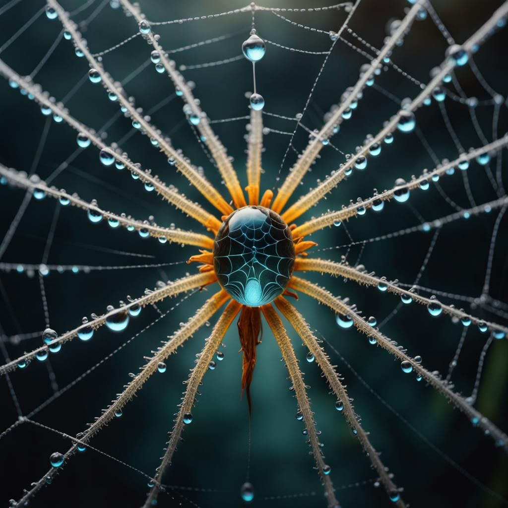 Bioluminescent Spiderweb Raindrop with Tropical Flower