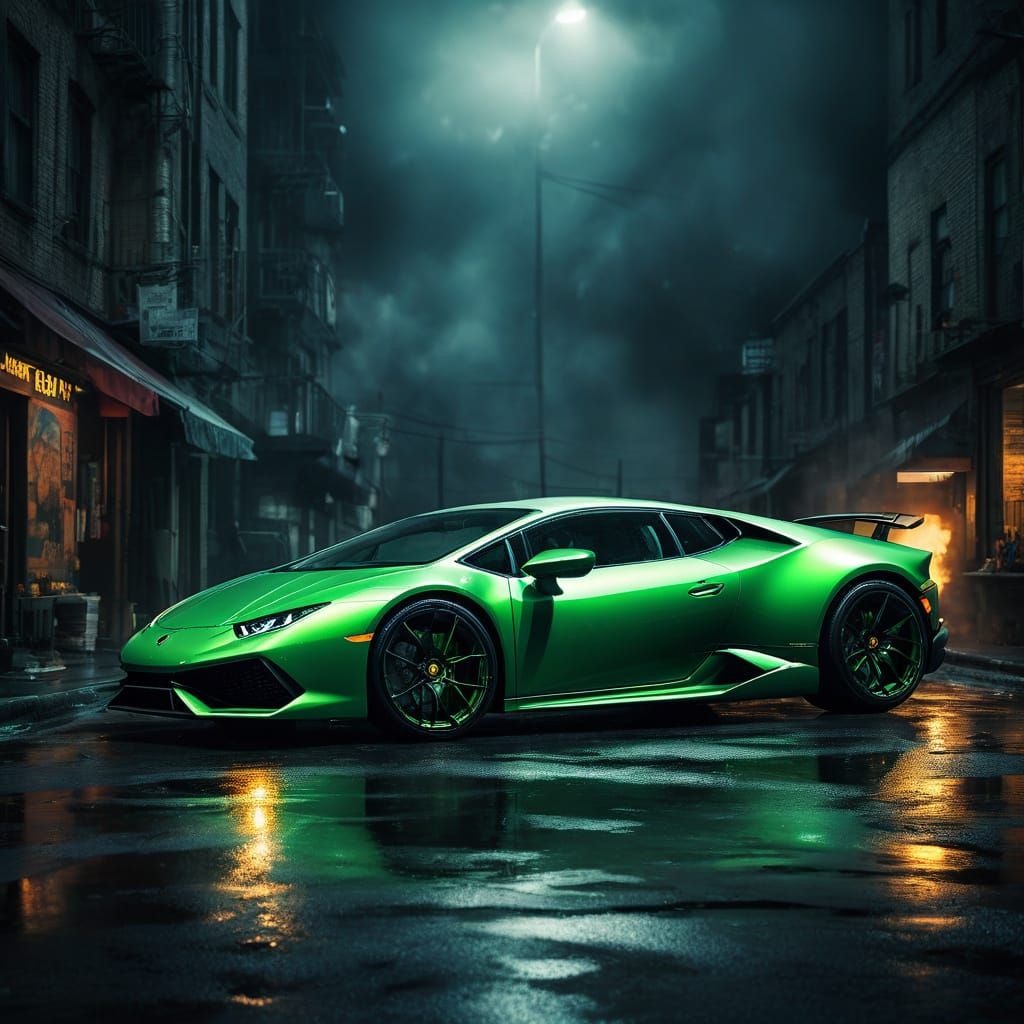 Sleek Green Lamborghini Huracan in Ethereal Blue Flames