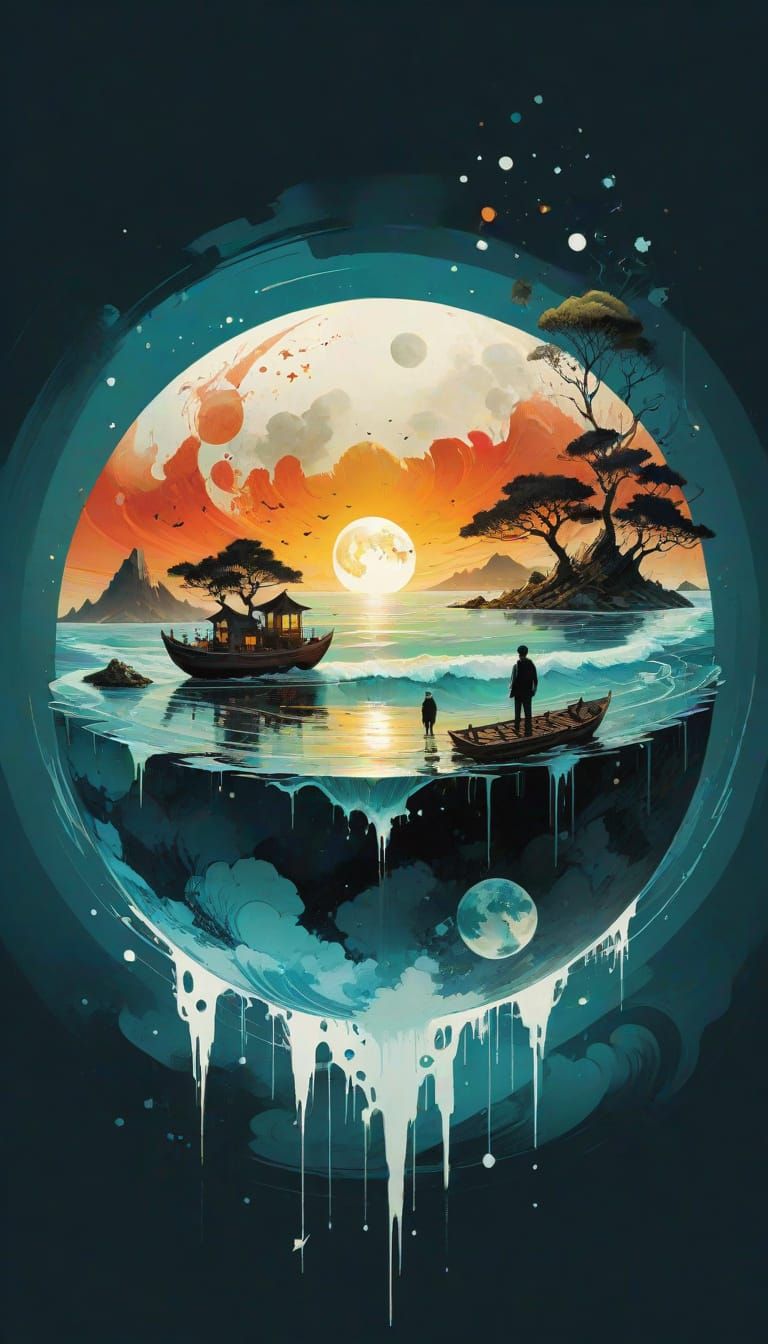 Surreal Earth with Floating Villages in Sumi-e Style