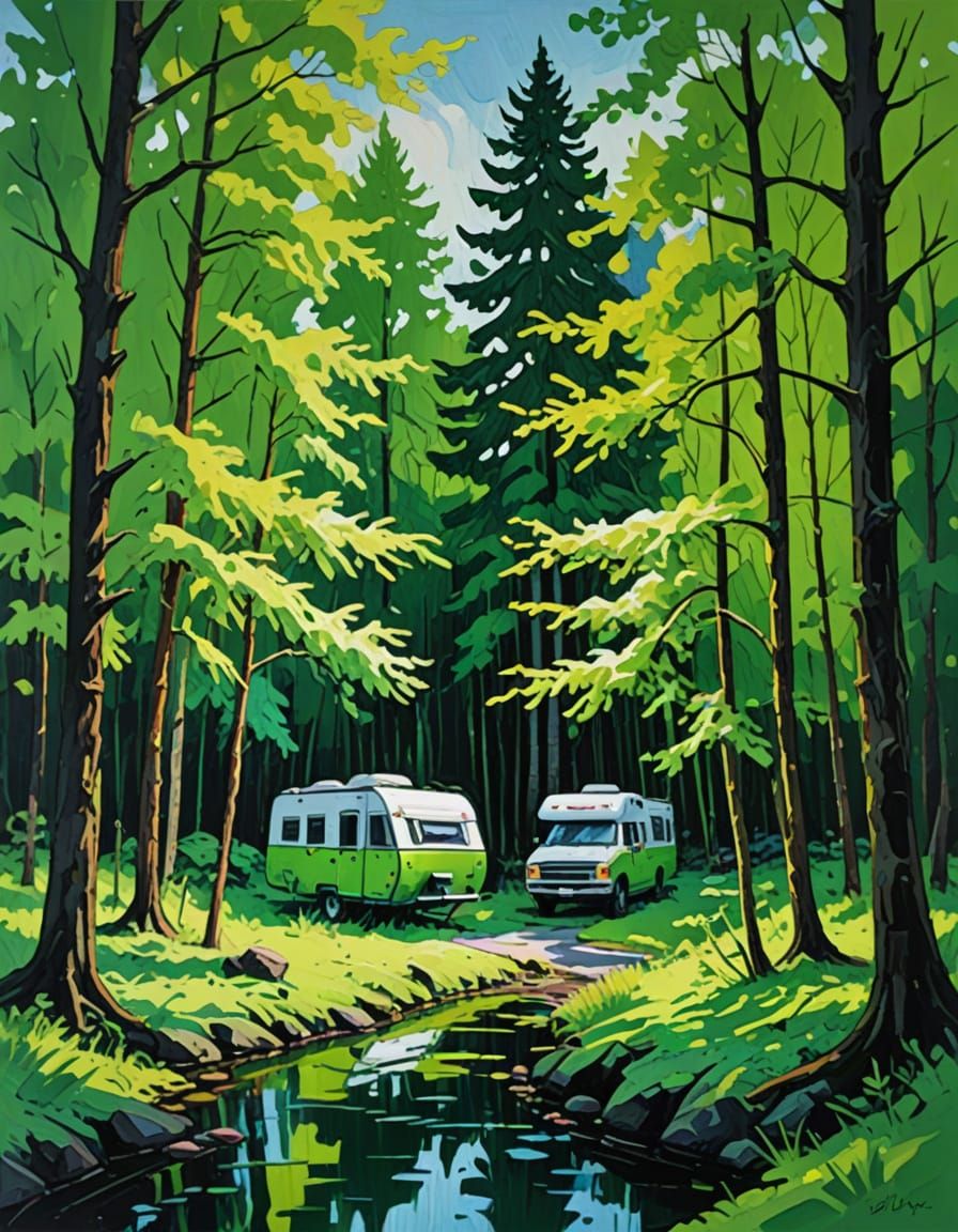 Impasto Oil Painting of Campsite with Gouache Accents
