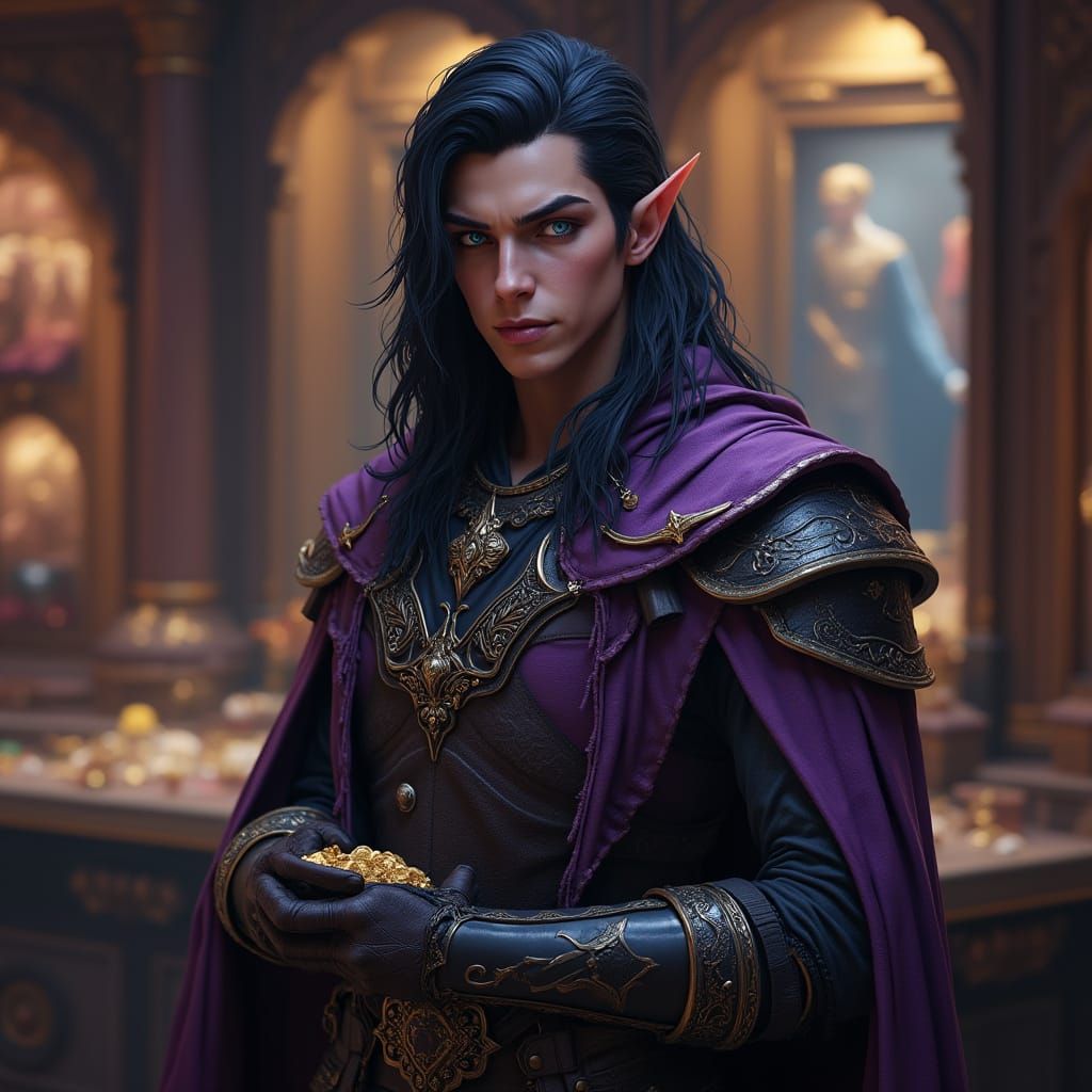 Handsome Half-Elven Rogue Portrait in Art Nouveau Style