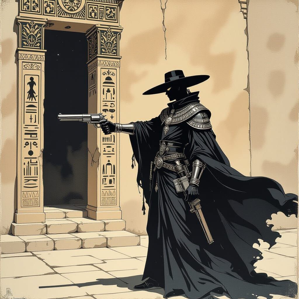 Fragmented Ink Wash Egypt-Infused Illustration of a Chromed ...