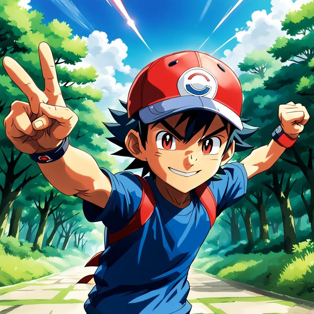 Ash Ketchum Victory Pose in Anime Style