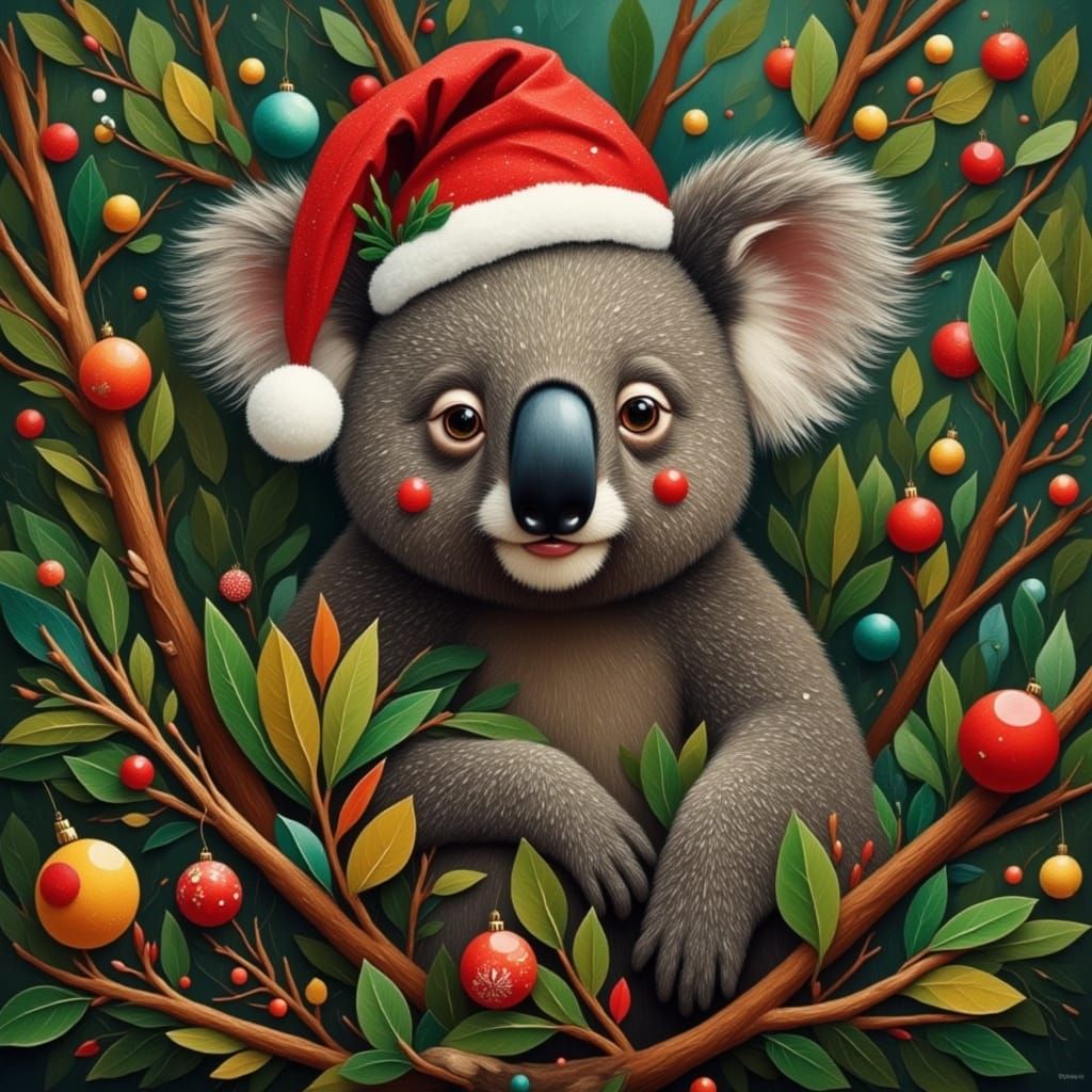 Koala Bear in Decorated Eucalyptus Tree