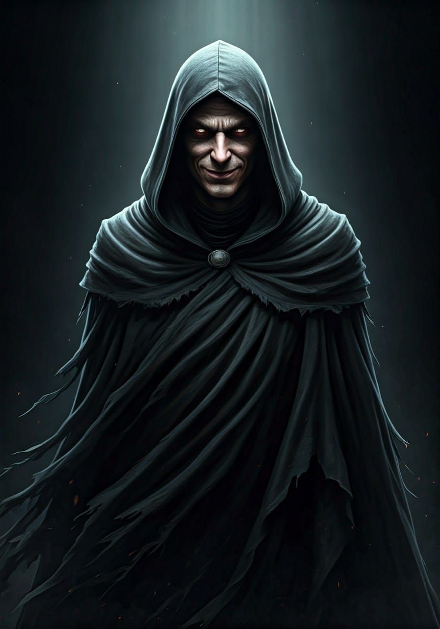 Menacing Figure in Dark Cloak with Dramatic Lighting