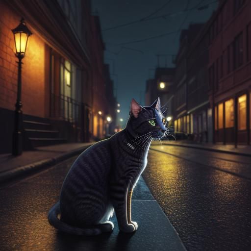 Cat with Purple Eyes in Street, Digital Painting