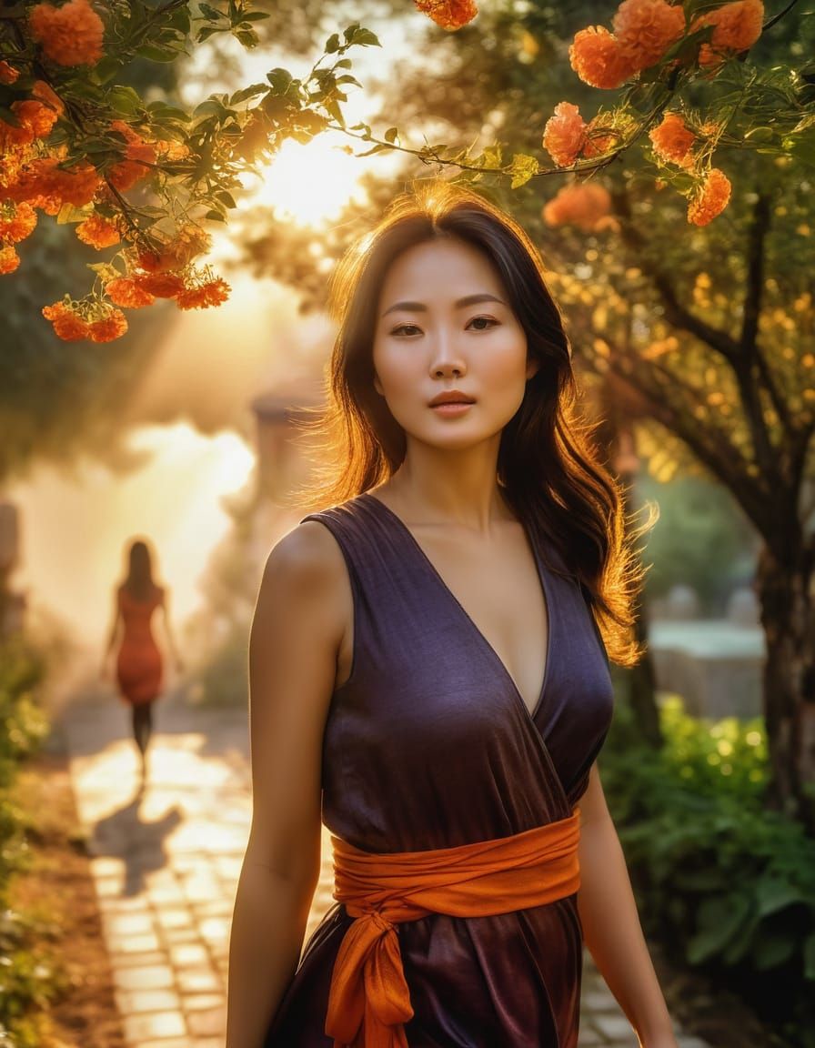 Baroque Oil Painting: Korean Woman in Crumbling City