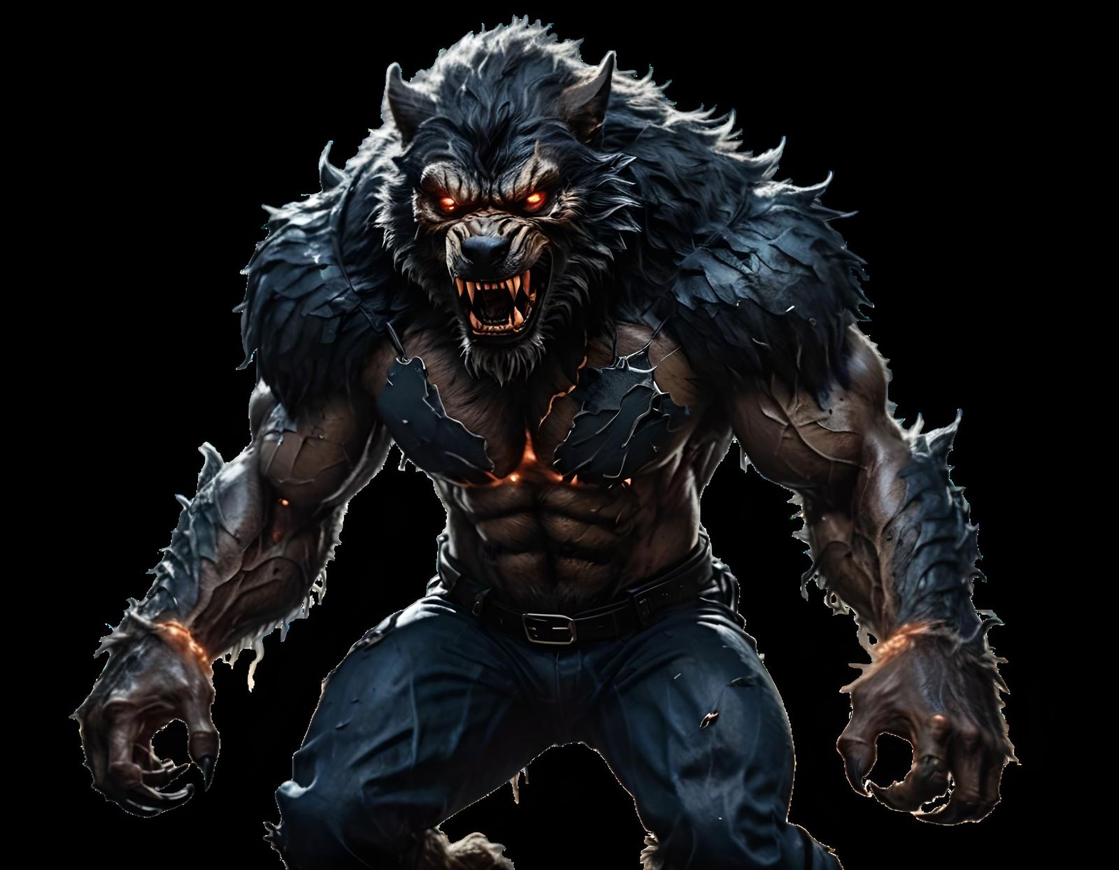Muscular Werewolf in Action Pose, Hyperdetailed Horror