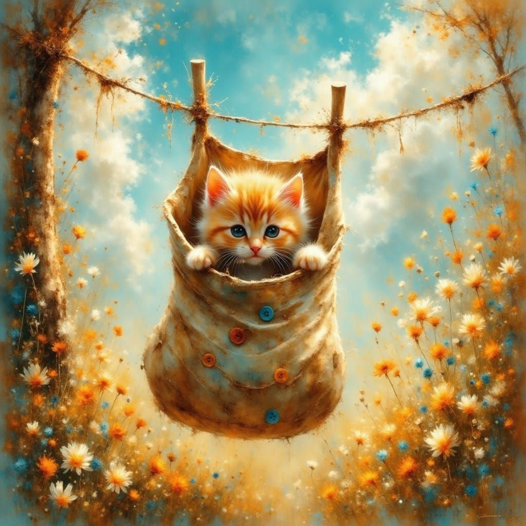 Cute Kitten in Whimsical Dreamlike Scene with Vibrant Colors