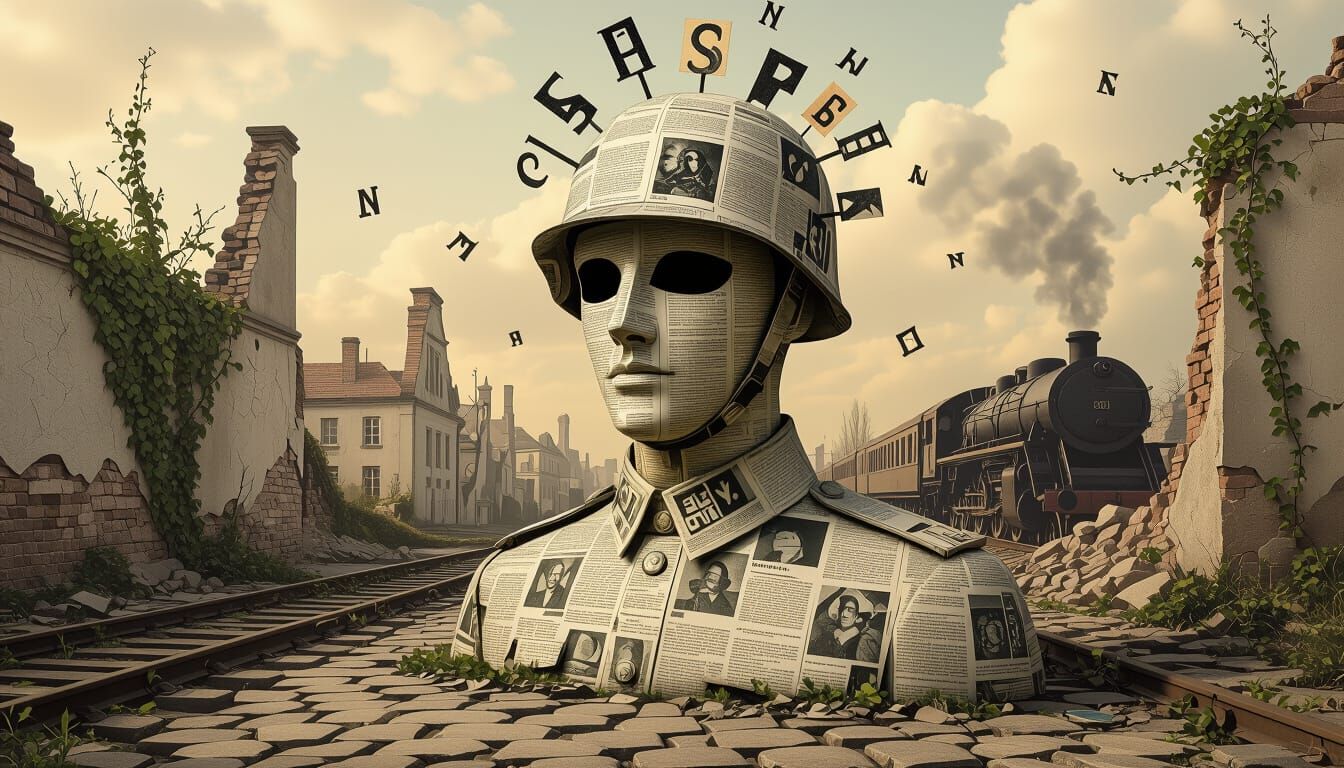 Surreal Dada Soldier Statue in Ruined City