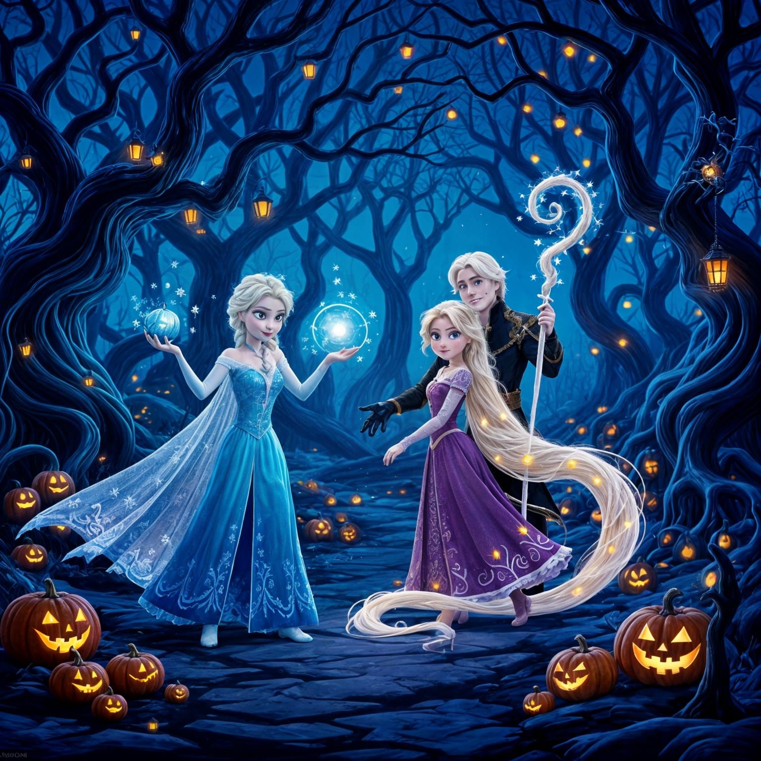 Halloween Scene Featuring Tangled and Frozen Characters