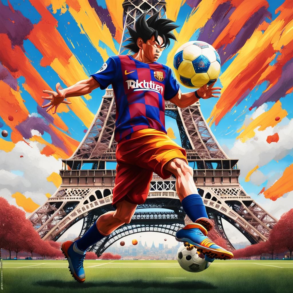 Son Goku with the football t shirt of F.C. Barcelona hits th...