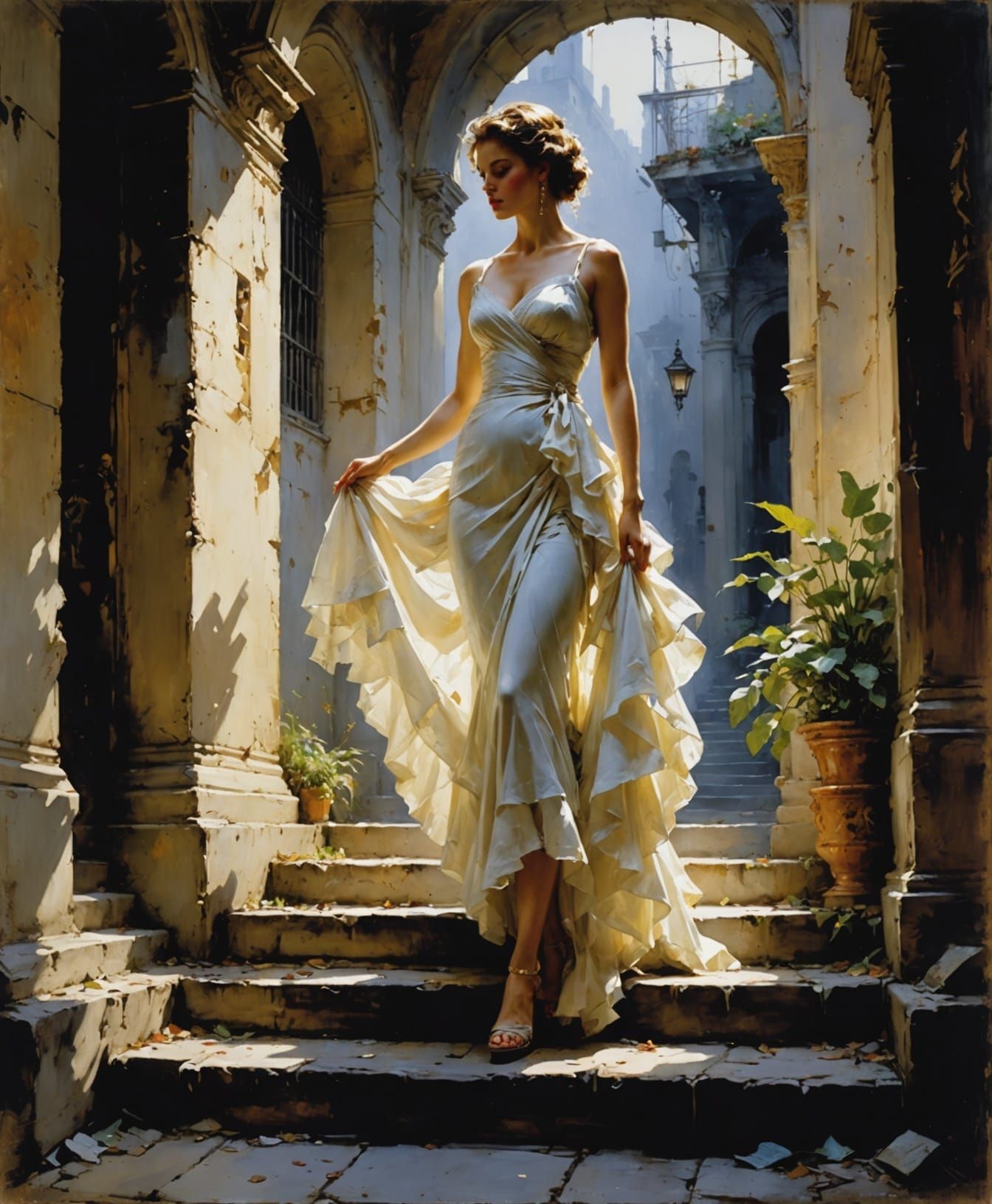 Ancient Steps Descend to Blinding Light in Wet Wash Style