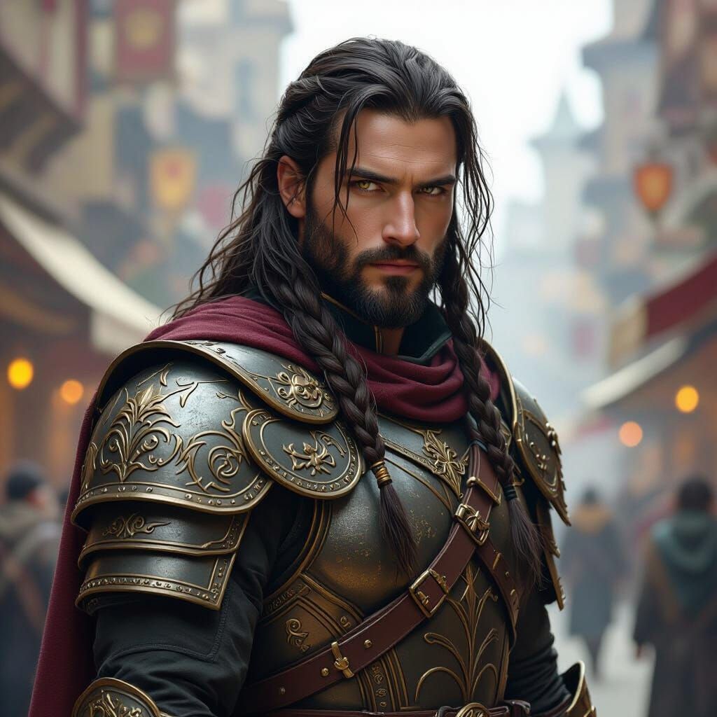 Human Fighter in Fantasy City Inspired by Realism