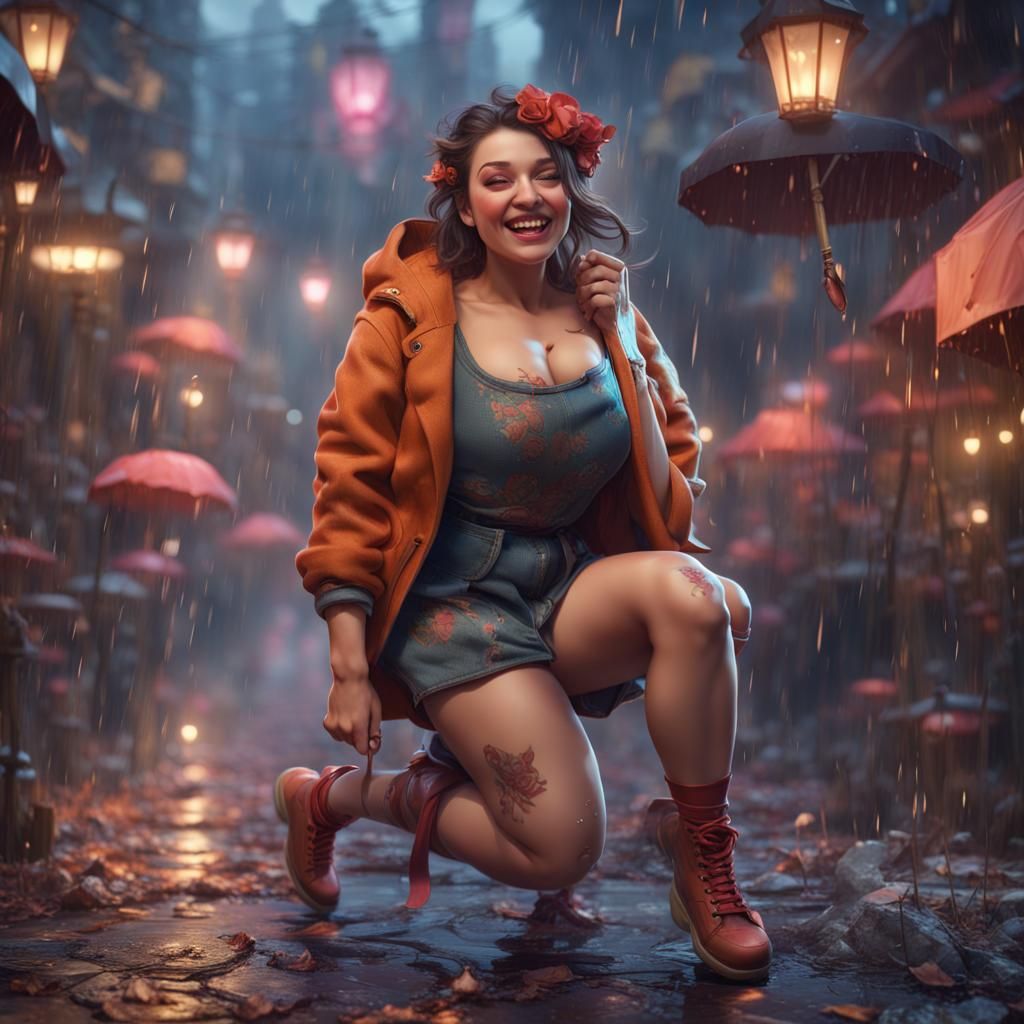 Playful Curvy Girl in the Rain: Detailed Matte Painting