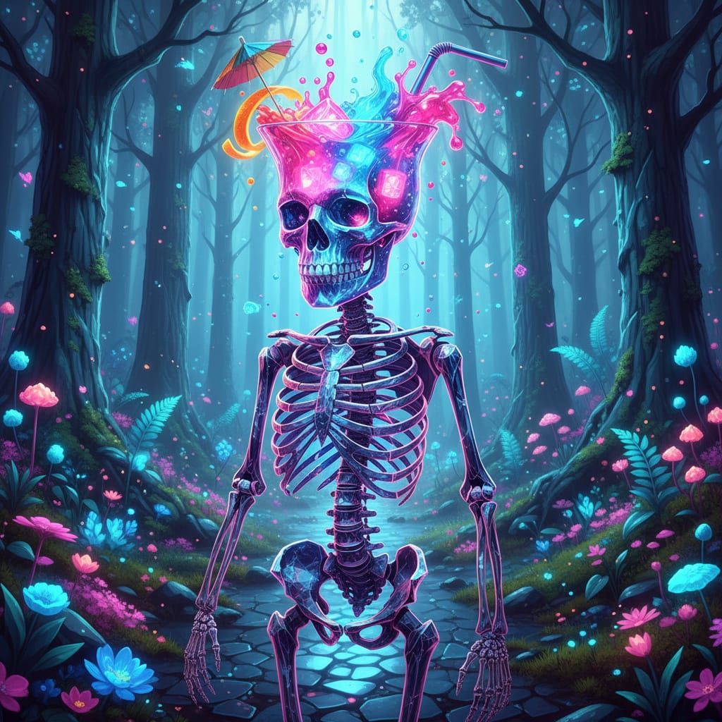 Crystal Skeleton with Glowing Cocktail Head in Surreal Fores...