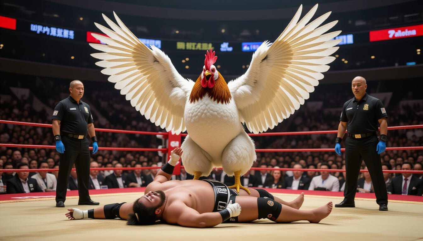 Giant Chicken Sumo Champion Celebrates Victory in Packed Are...
