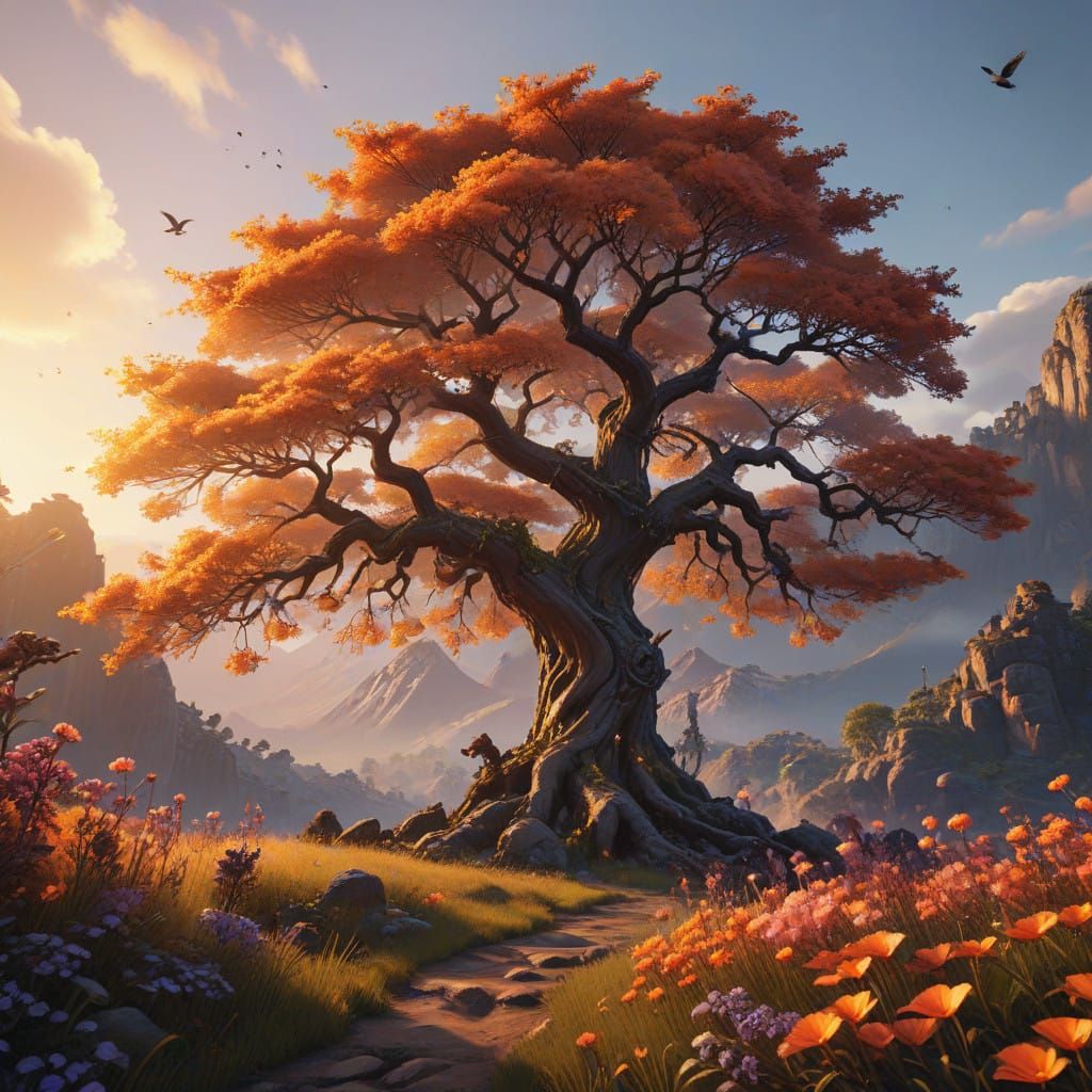 Ethereal Blossom Tree Scene in Unreal Engine 5 Style