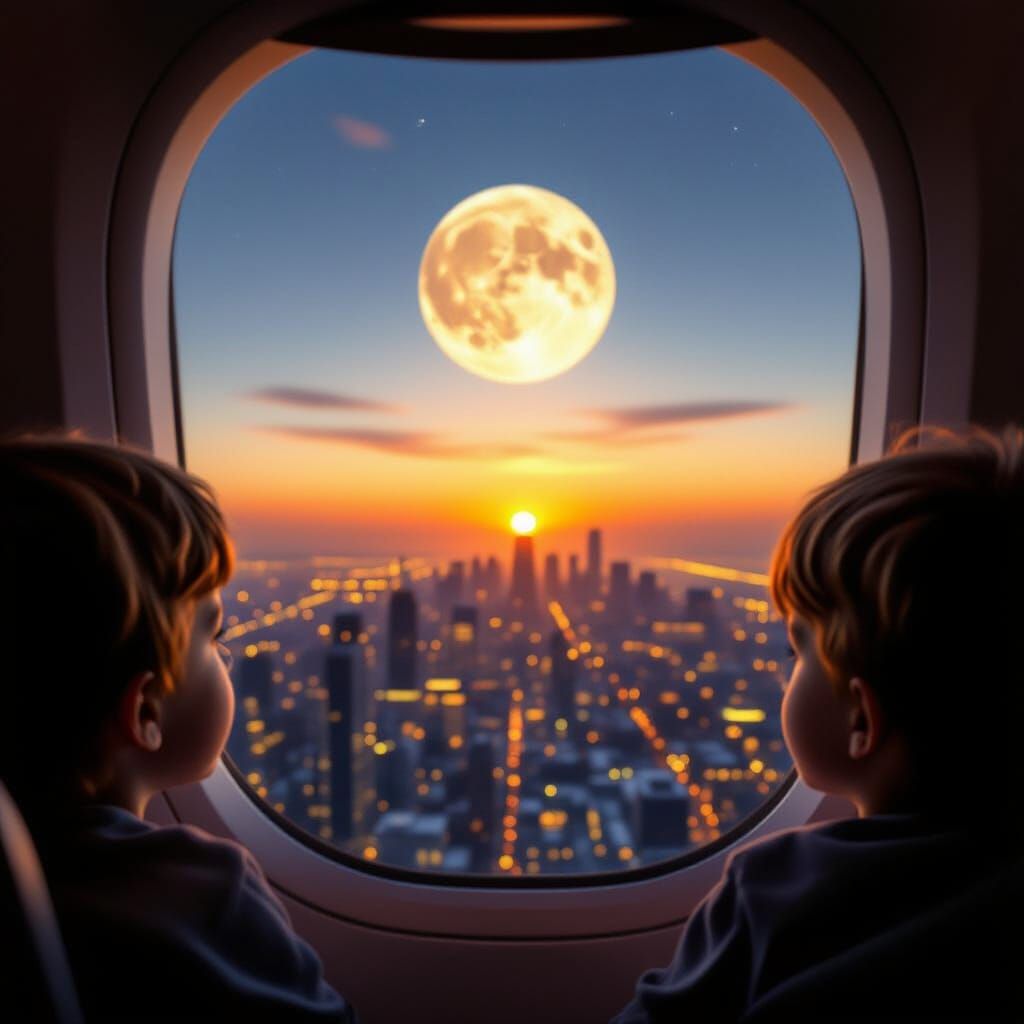 Boy Gazes at City Lights from Airplane Window at Sunset