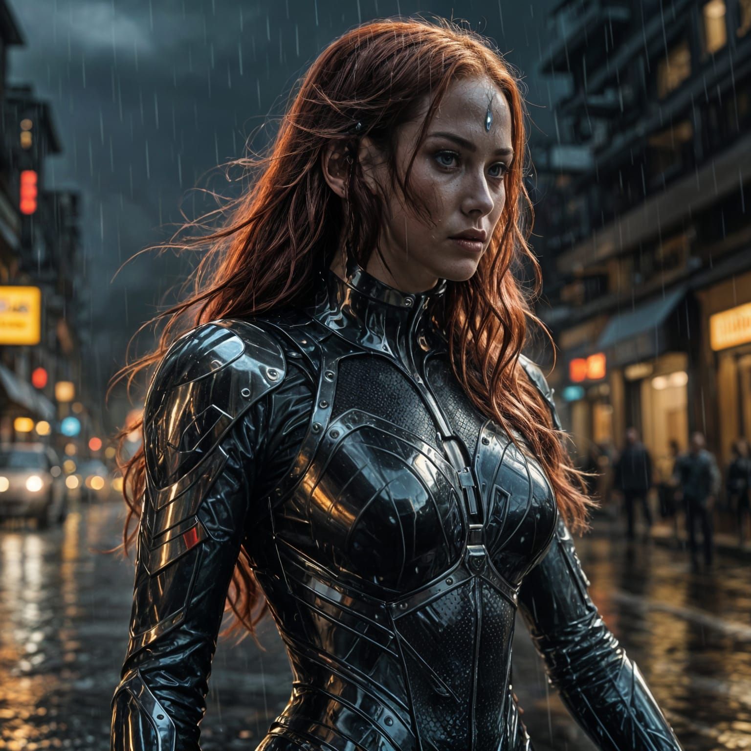Woman in Futuristic Bodysuit in Rainy Night Scene