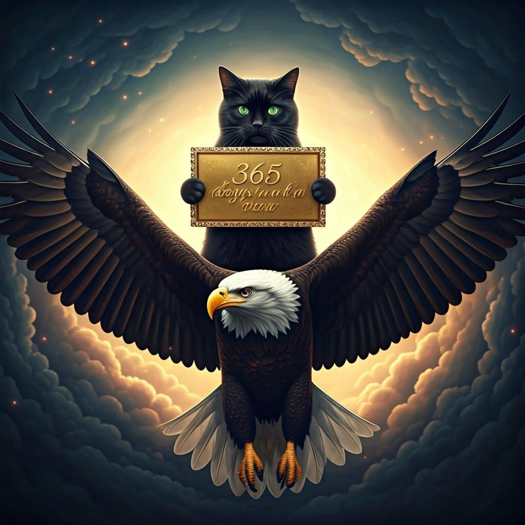 Regal Black Cat Soars with Eagle on Kaleidoscopic Sky