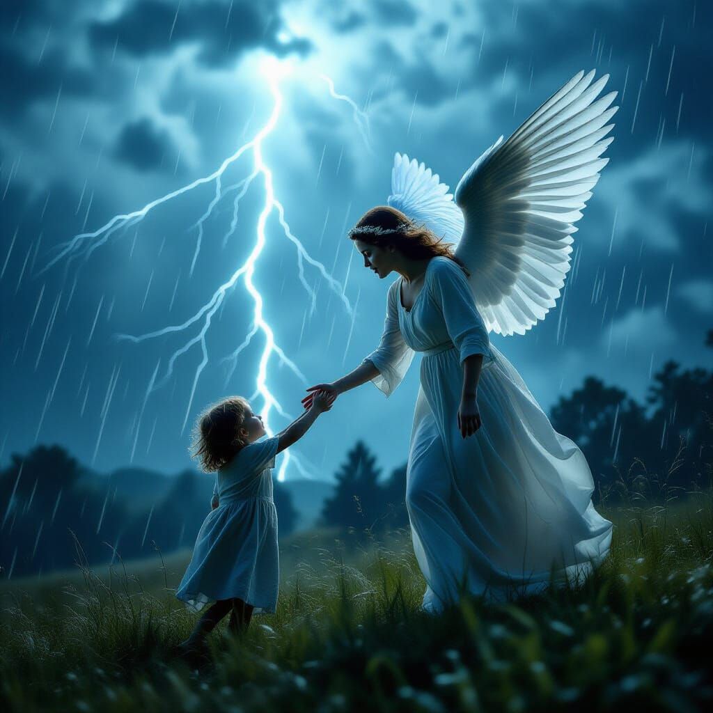 Heavenly Angel Protects Child in Storm: Cinematic Film Still
