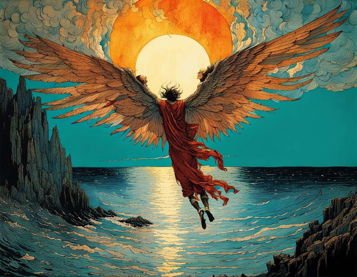 Surreal Fairytale Icarus Falls into the Sea in a Noctilucent...