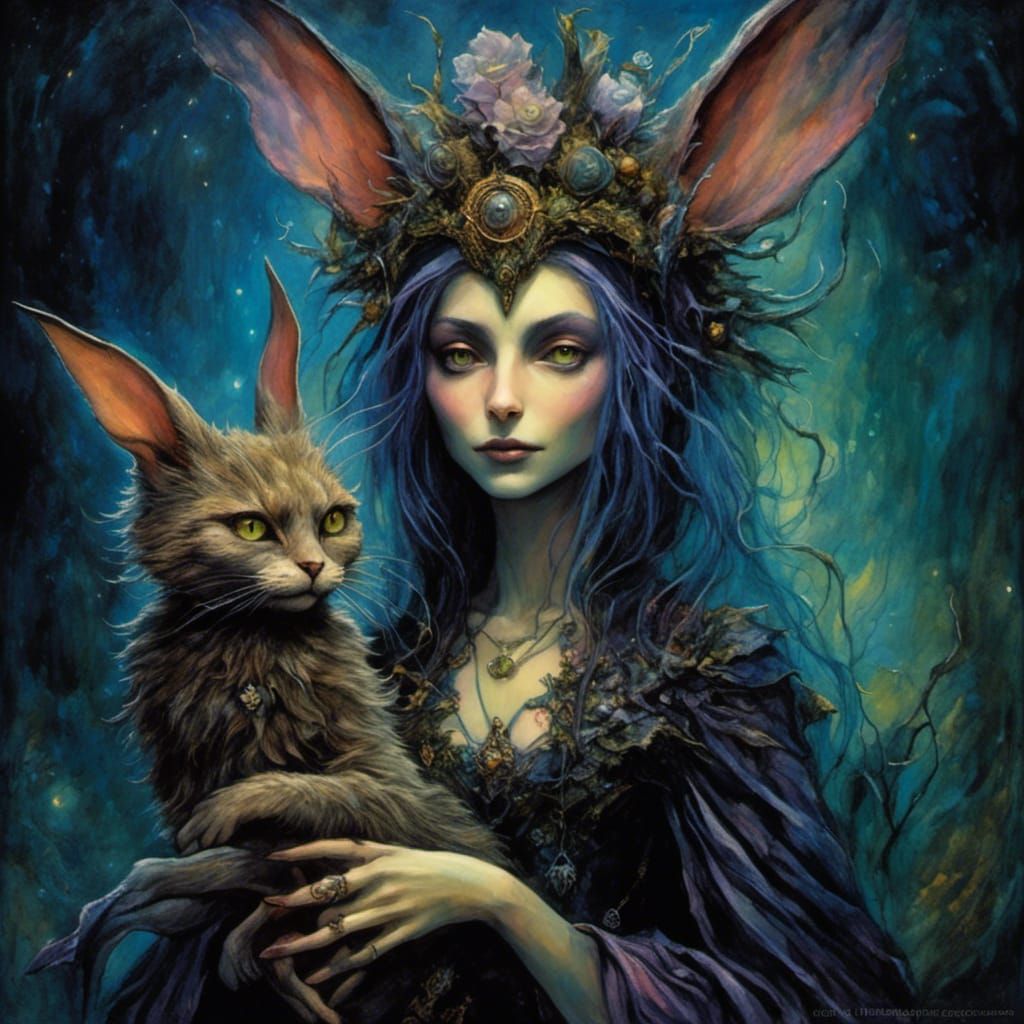 <lora:Dusklings:1.0>  fey princess  Sera holding a cat creat...