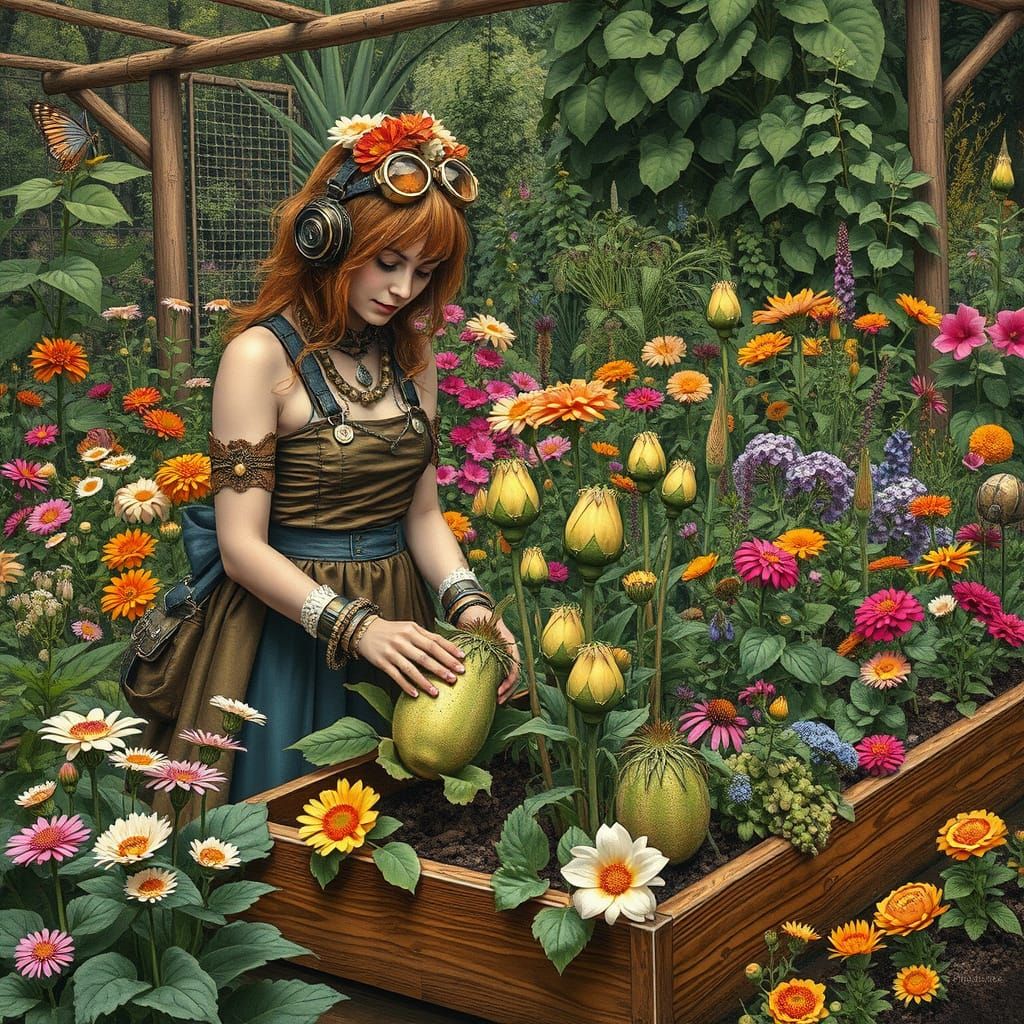 Surreal Steampunk Garden Keeper in Earthy Realism Style