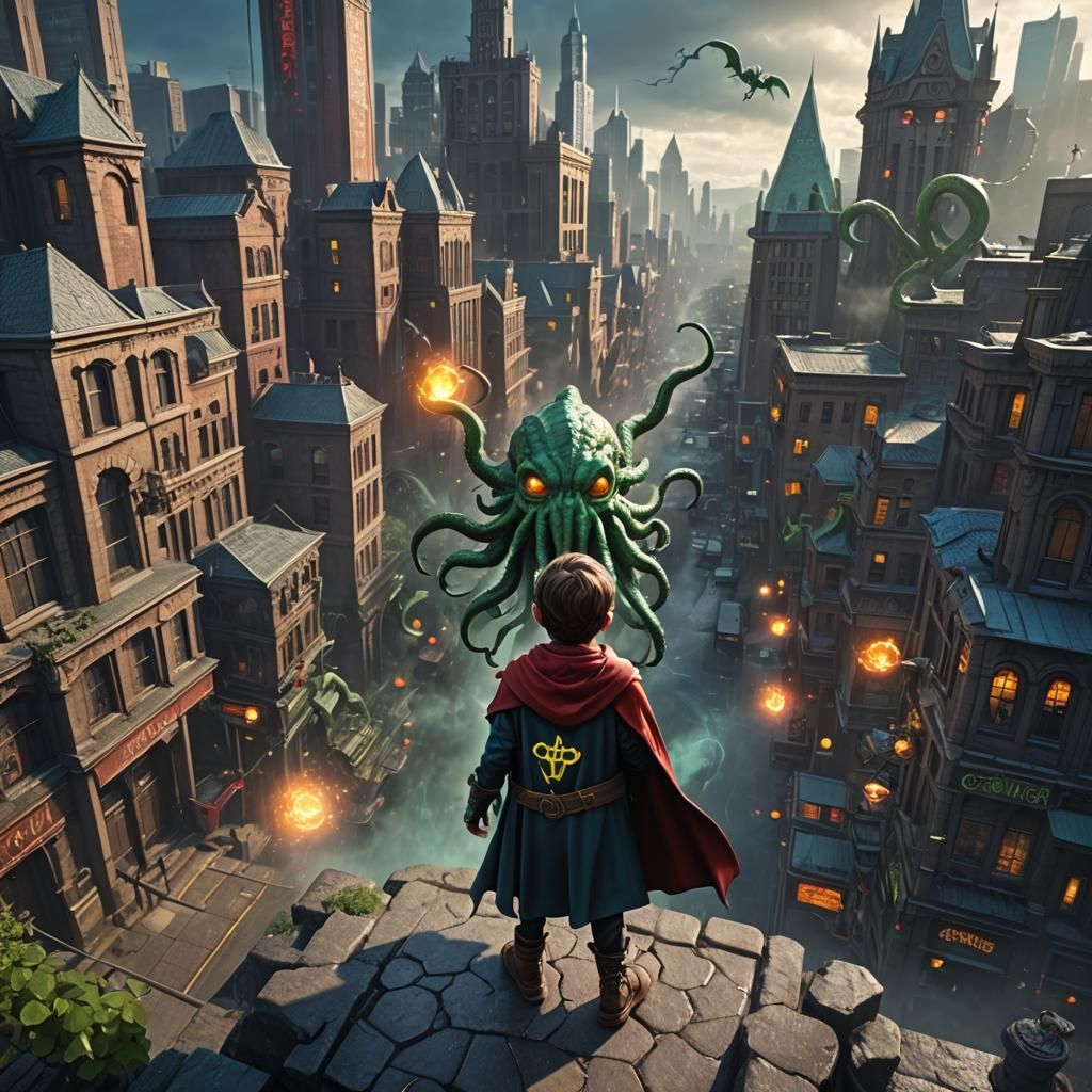 Superhero Kid Cthulhu Casting Spell, Digital Art