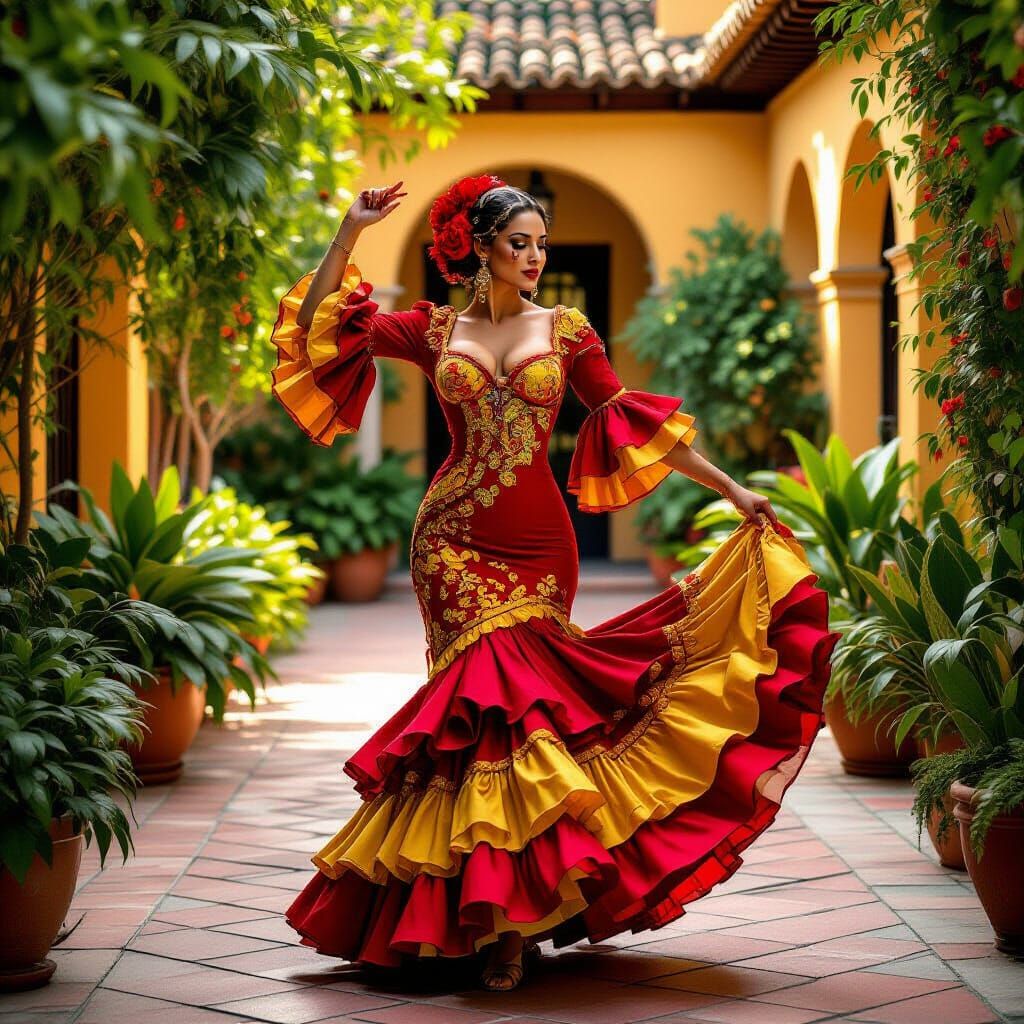 Flamenco Dancer in Spanish Courtyard, Photorealistic