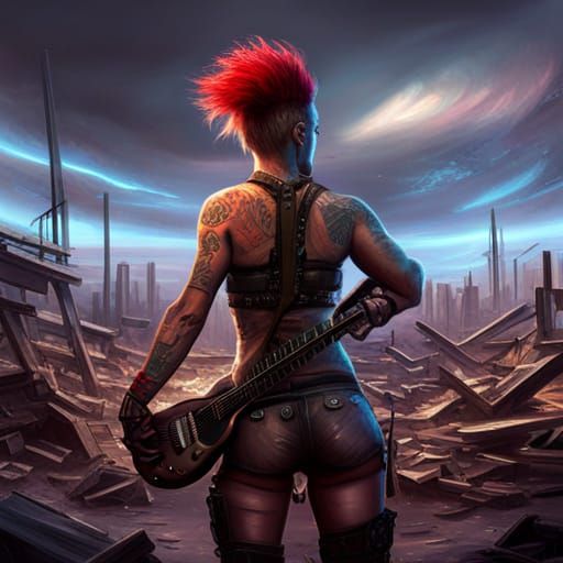 Punk Woman Guitarist in a Dark Fantasy Wasteland