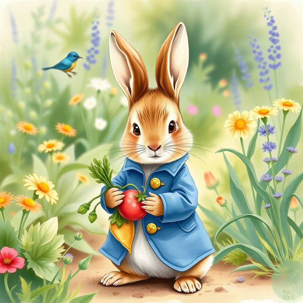 Whimsical Watercolour of Peter Rabbit in English Countryside