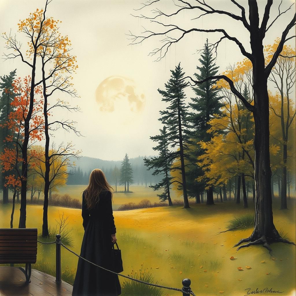 Autumnal Woman in Park: Watercolor and Ink