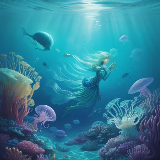 Underwater Dream with Glowing Jellyfish, Miyazaki Style