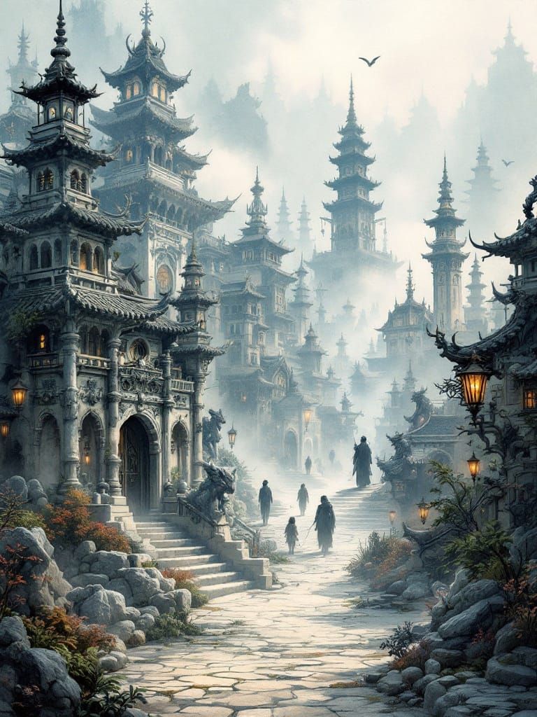 Shadows Over Ancient Village in Fantasy Style