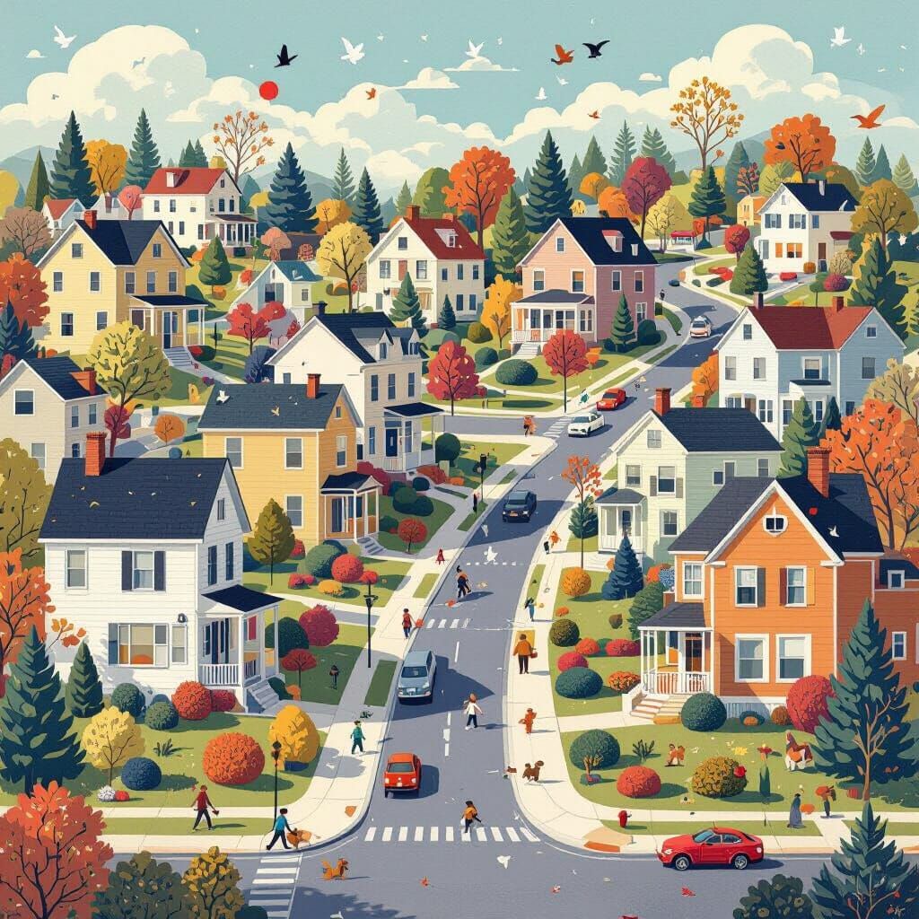 Surreal Suburban Landscape with Abstract Overlays