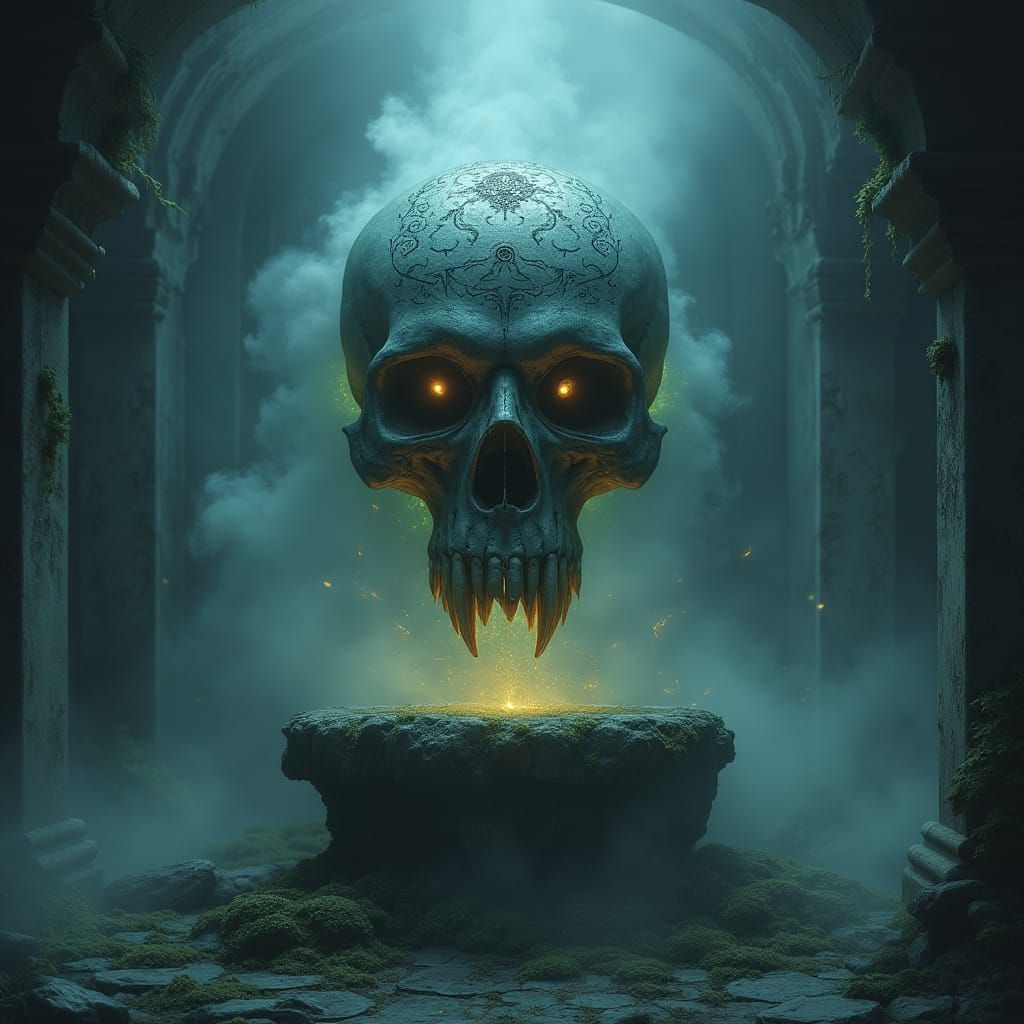 Spectral Raven Skull in Forgotten Crypt