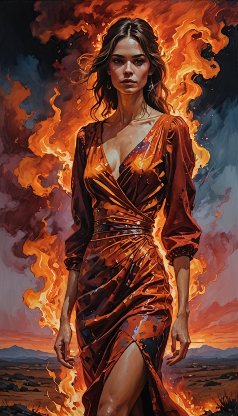 Woman in Dress Made of Fire, Alcohol Ink Style