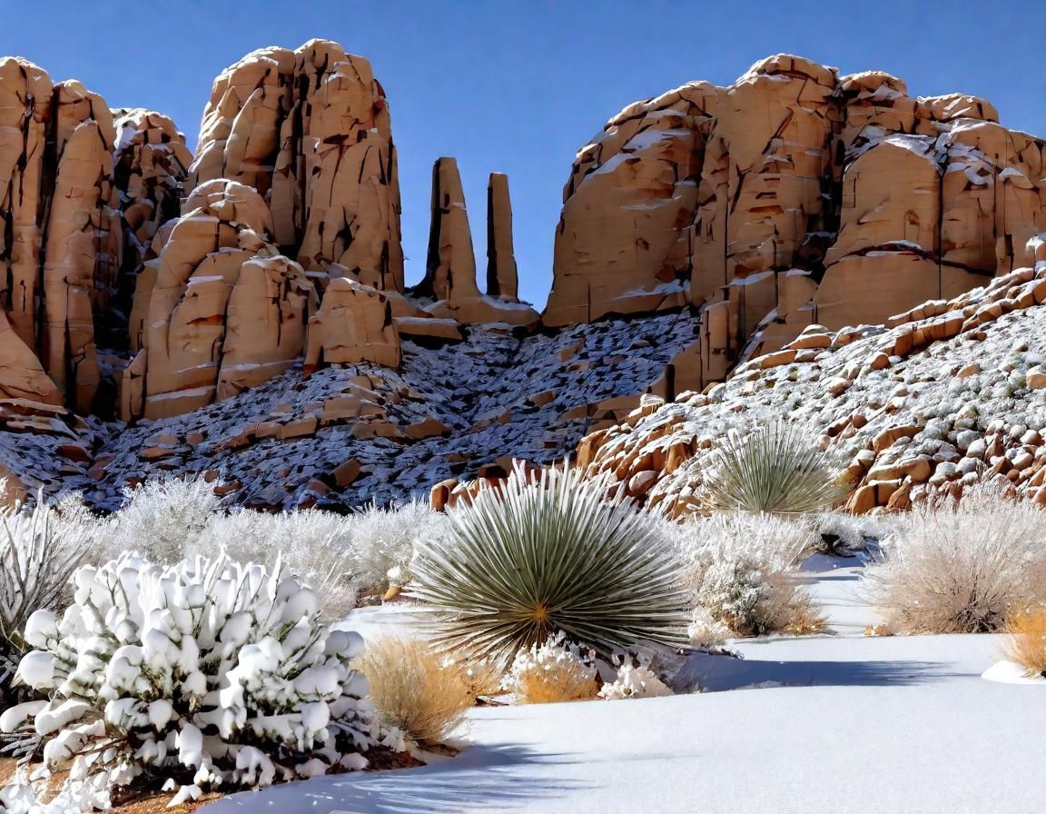 Snowfall in Arid Desert Landscape