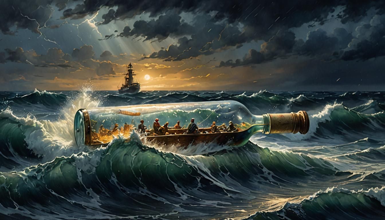 Message in a Bottle in Stormy Sea, Detailed Watercolour