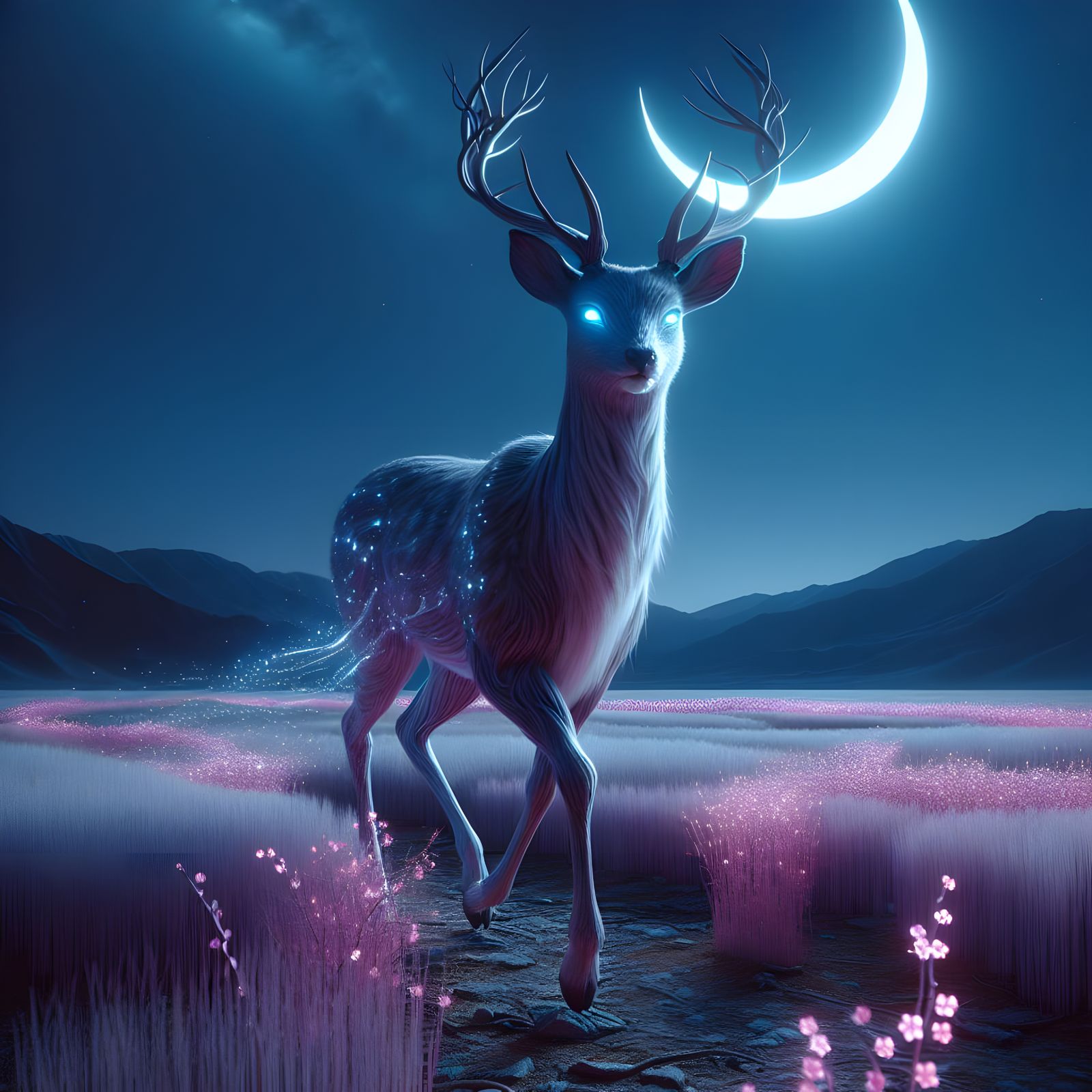 Elemental Deer Under a Crescent Moon