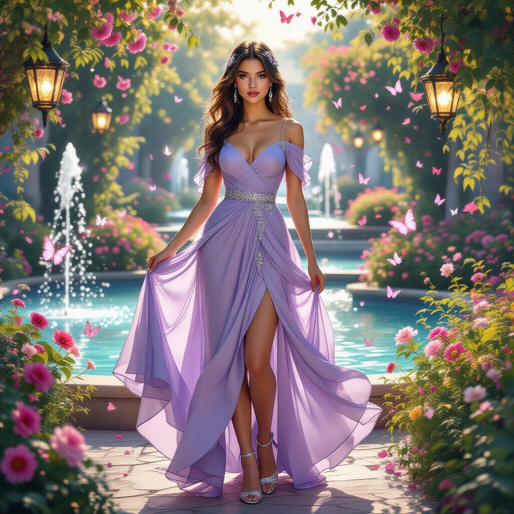 Enchanting Evening Garden Scene in Hyper-Realistic Style