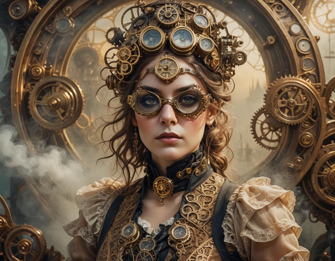 Steampunk Woman in Victorian Attire Amidst Swirling Mist
